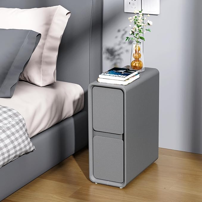 VICITON Modern Narrow Faux Leather Nightstand, Solid Wood Drawer, Storage Accent Table, Small Side End Table for Bedroom (Gray, Narrow)