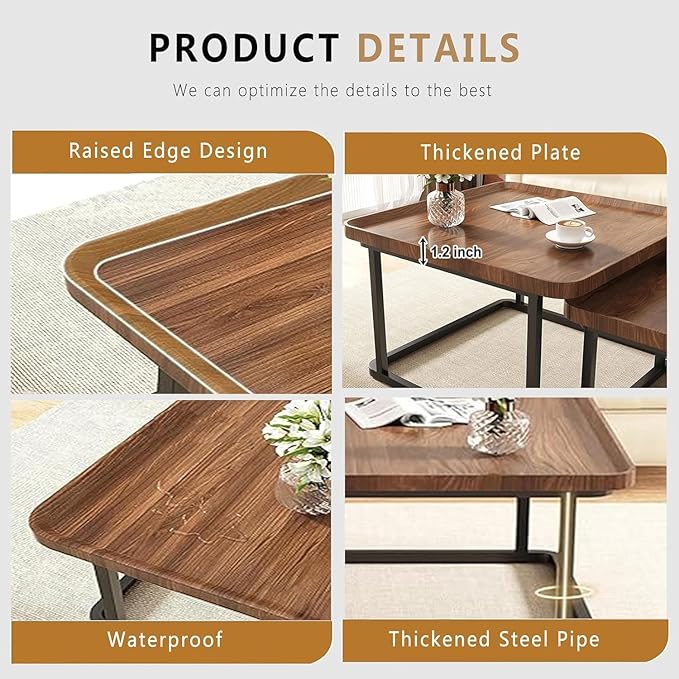 Square Nesting Coffee Table Set of 2, 23.6"+19.7" Nesting Tables,Small Square Coffee Table with Fluted,Center Table for Living Room Bedroom Office Balcony Yard (Walnut)