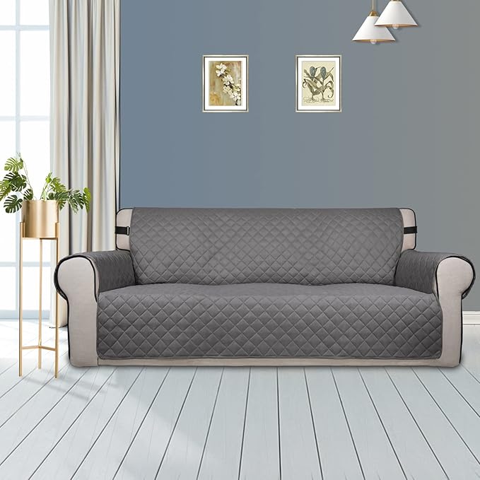 PureFit Reversible Sofa Couch Cover Water Resistant Couch Covers for 3 Cushion, Washable Furniture Cover with Non-Slip Foam and Adjustable Strap for Dogs, Pets (Oversized Sofa, Gray/Light Gray)