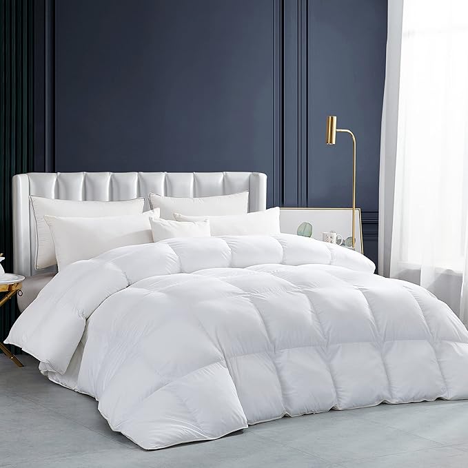 Luxurious White Solid Heavy Weight, Oversize California King Size Goose Feathers Down Comforter for Winter Weather, 108 X 98 inches, Premium Baffle Box, 100% Egyptian Cotton Cover, 90 oz. Fill Weight