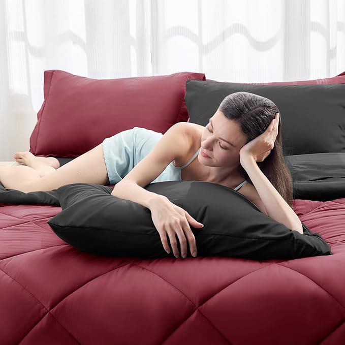 HEVUMYI Red & Black King Comforter Set - 7-Piece All Season Bed in a Bag King, Ultra Soft Burgundy Bedding Set with Comforter, Flat Sheet, Fitted Sheet, Pillowcases, Pillow Shams, Burgundy Red & Black