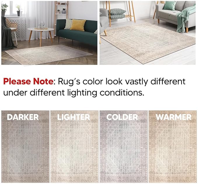 Keen Home Design 5x7 Rug - Machine Washable Area Rug with Non-Slip Backing, Ideal for Living Room, Dining Room, Bedroom - Vintage, Easy Clean, Durable, Low Pile Rug - (5' x 7')