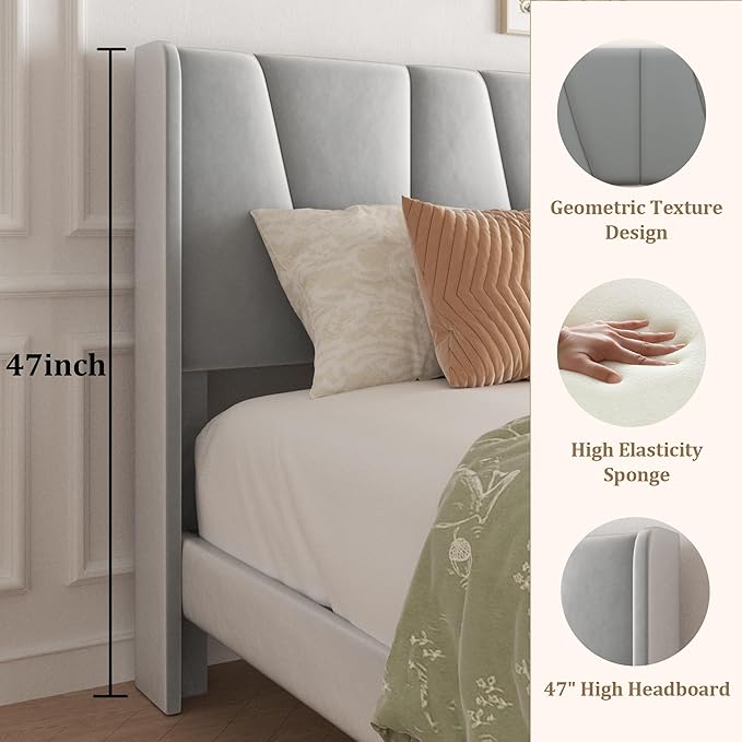 Queen Bed Frame with Storage Drawers, Upholstered Platform Bed with Headboard and Wingboard, No Box Spring Needed, Noise Free, Easy Assembly, Wooden Support Slats, Light Grey