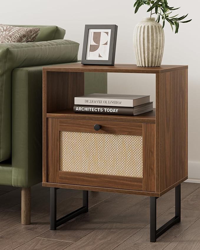 Masupu Extra Large Rattan Nightstand,Modern Boho Farmhouse Wood Bedside Table with Storage Drawer and Open Shelf, Black Frame Side End Table for Bedroom,Living Room,Office (Walnut)