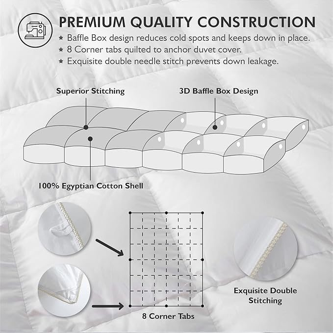 Luxurious White Solid Medium Weight, California King Size Goose Feathers Down Comforter for All-Season Weather Duvet Insert, Premium Baffle Box, 100% Egyptian Cotton Cover, 70 oz. Fill Weight