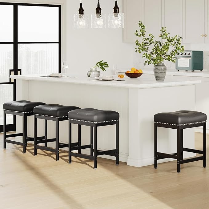 MALOL Set of 4 Saddle Bar Stools Counter Height 24.4”, Backless Barstools for Kitchen Island, Modern PU Leather Cushioned Seat, Bar Chairs for Kitchen Counter, Breakfast Bar Stools for Home,Black