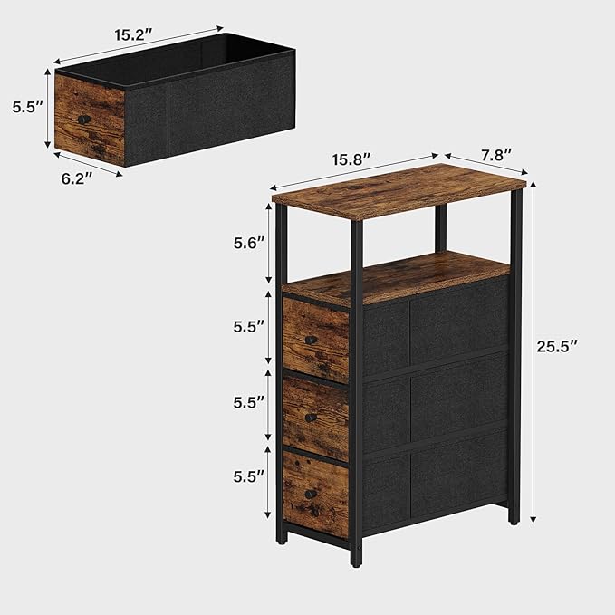 TUTOTAK Narrow Night Stand, Slim End Table, Tall Side Table with 3 Fabric Drawer, Small Bedside Table with Storage, Set of 2, for Living Room, Bedroom, Brown TB01BB072