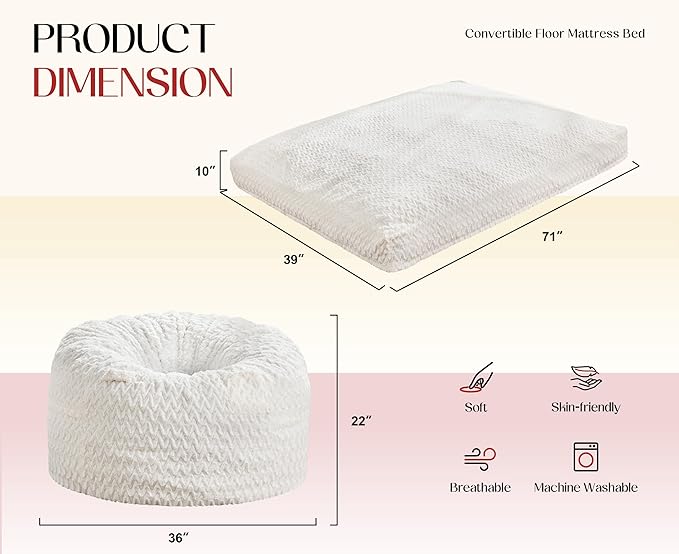 Hobestluk Bean Bag Chair Convertible Beanbag Chairs for Adults, 3 in 1 Bean Bags with Plush Chevron Cover, Adult Bean Bag Chair for Living Room, Bedroom (White, Twin)