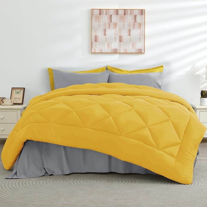 HEVUMYI Twin Comforter Set - 5-Piece All Season Bed in a Bag Twin, Ultra Soft Bedding Set with Comforter, Flat Sheet, Fitted Sheet, Pillowcases, Pillow Shams, Yellow & Light Grey