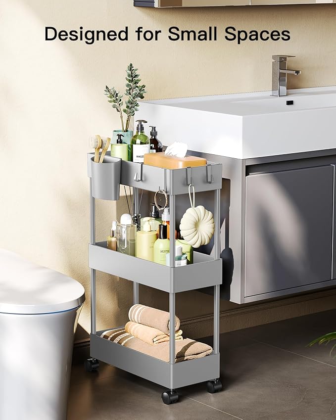 Pipishell Slim Storage Cart with Wheels - 3 Tier Bathroom Organizers and Storage Cart - Rolling Carts for Bathroom, Kitchen, Narrow Space, Laundry Room,Grey