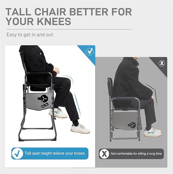 EVER ADVANCED 2 Piece Portable 30.7" Seat Height Tall Folding Camping Chair Directors Chair High with Side Table for Makeup Artist, Sports Event, Craft Show, Supports 350LBS Black Grey