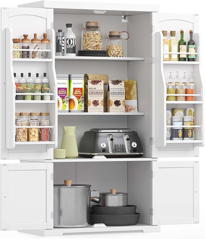 VASAGLE Pantry Cabinet, 53.5-Inch High Freestanding Tall Cupboard Storage Cabinet, 2 Cabinets, 2 Adjustable Shelves, 6 Door Shelves, for Living Room, Kitchen, White UBBC671W01