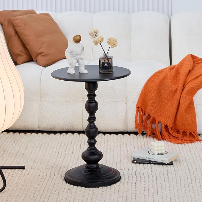 Chic Vintage Round Side Table with Elegant Roman Columns - Sturdy Metal Construction, Perfect for Coffee, End, Tea, or Leisure Use in Living Room or Bedroom Decor (Black and White 1 Pack)