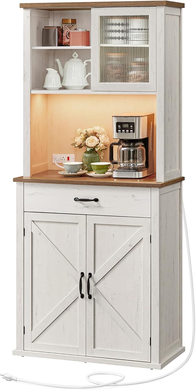 VASAGLE 71" Kitchen Pantry Cabinet with Lights and Charging Station, Coffee Bar Cabinet with Doors and Drawer, Farmhouse Style, Adjustable Shelves, Rustic White UBBK363W12