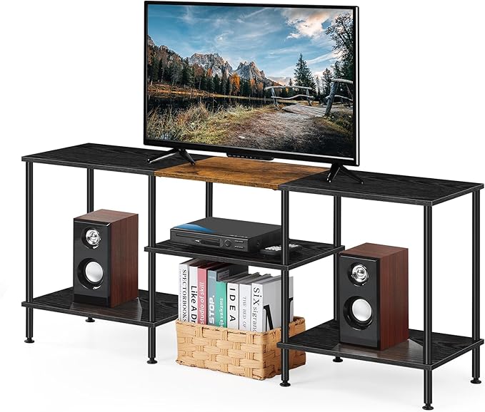 50 inch TV Stand 3 Tier Entertainment Center with Storage Shelves Small Tall Television Console Table with Metal Frame, Industrial TV Cabinet for Living Room Bedroom, Black