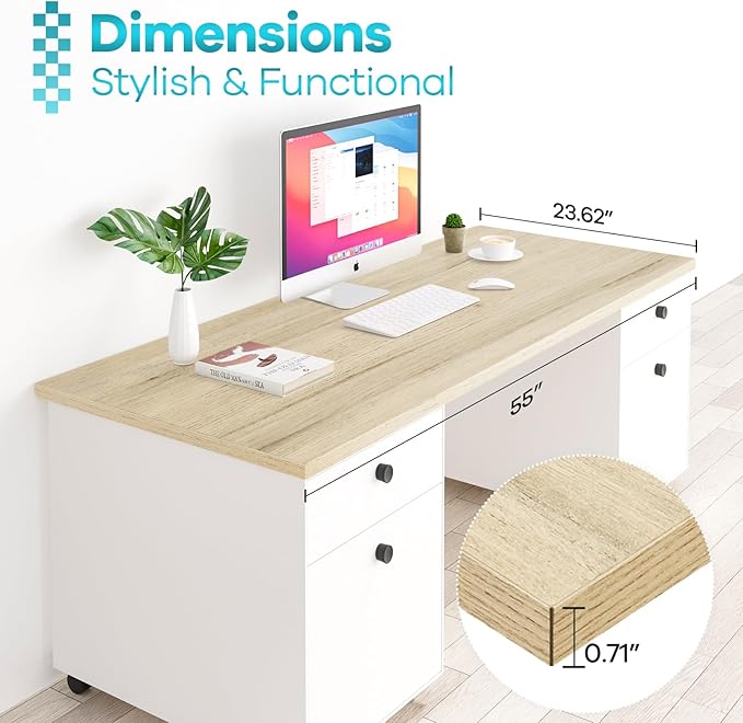 Kaboon Universal Tabletop 55"x23.62" Solid One-Piece Melamine Table Top, Double Desk L-Desk DIY, Home and Office Countertop, Oak/Grey Tone