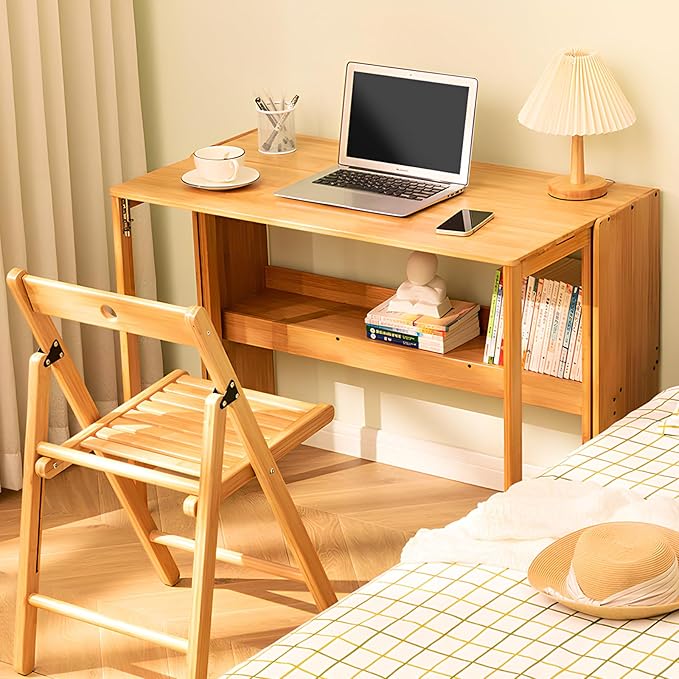 Bamboo Folding Desk Mid Century Modern Desk for Home Office Bedroom Small Spaces, Natural，40.55" Long Desktop
