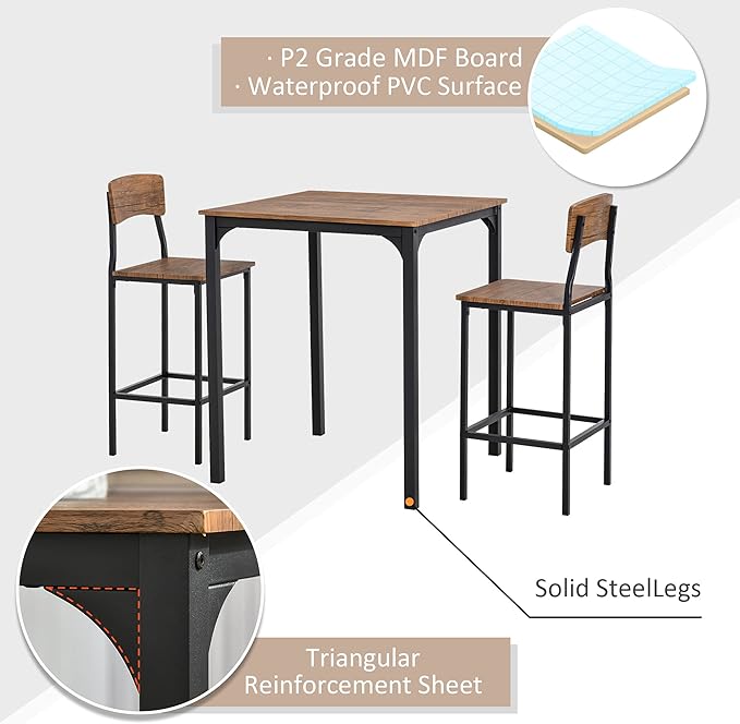 HOMCOM 3 Piece Industrial Counter Height Dining Table Set, Bar Table & Chairs with Steel Legs & Footrests, Black