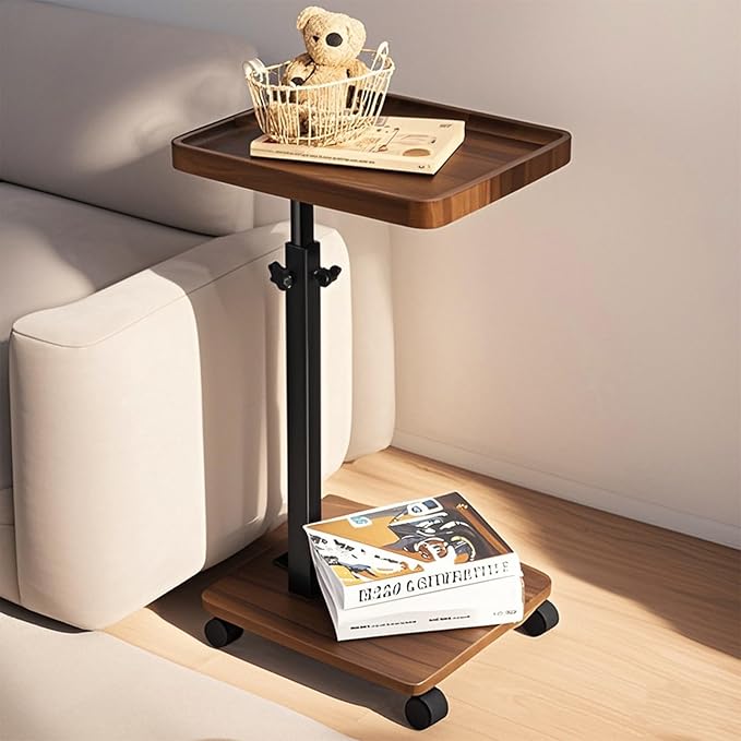 Adjustable Height Couch Tables That Slide Under Sofa, 360° Swivel Modern Tv Tray Table with Wheel, C Shaped End Table for Couch, C Table for Small Place, Perfect for Livingroom, Bedroom