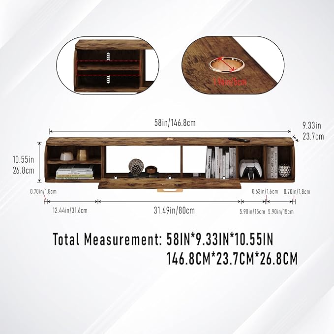 Floating TV Unit, 58'' Wall Mounted TV Cabinet, Floating Shelves with 4 Cabinets, Wooden Entertainment Media Console Center Large Storage TV Bench for Living Room & Office (Rustic Brown)