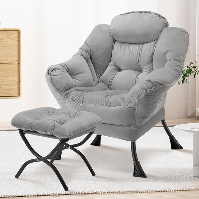 Lazy Chair with Folding Ottoman Modern Large Accent Chair,Contemporary Lounge Leisure Sofa Chair with Armrests Upholstered Sofa Armchair Reading Chair for Bedroom,Dorm&Office (Light Grey-f)