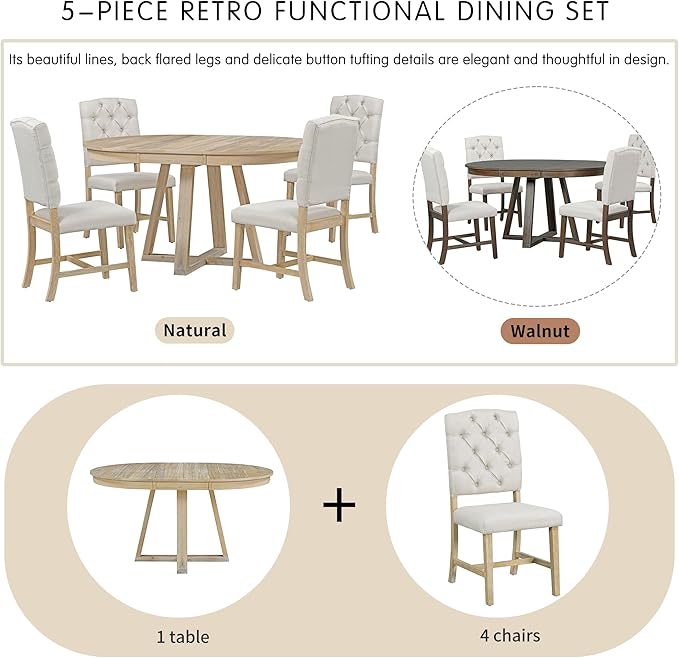 Ball & Cast 5 Piece Dining Table Set with 4 Upholstered Chairs,Living Room Furniture W/ 42" Table,Tabletop Can be Adjusted from Round to Oval in Shape,for Restaurant,Home Bistro,Natural