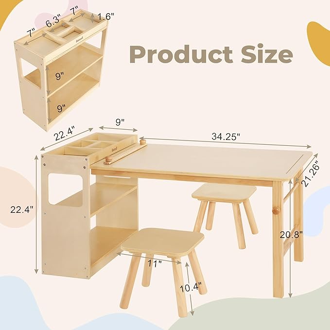 Kids Art Table and 2 Chairs Set with Roll Paper & Storage, Wooden Kid Craft Table for Drawing, Learning and Reading, Toddler Activity Play Desk for Home, Playroom or Classroom
