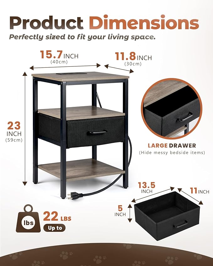 Nightstand with Charging Station, Bed Side Table with Fabric Drawer, 3-Tier Storage Dorm Night Stand for Bedroom, 2 USB & 2 Outlets End Table, Greige and Black