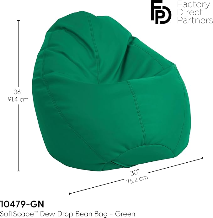 FDP SoftScape Dew Drop Bean Bag Chair with Supportive High-Back Design, For Kids, Teens and Adults, Alternative Seating for Dorms, Schools, Libraries, Daycares or Home - Green