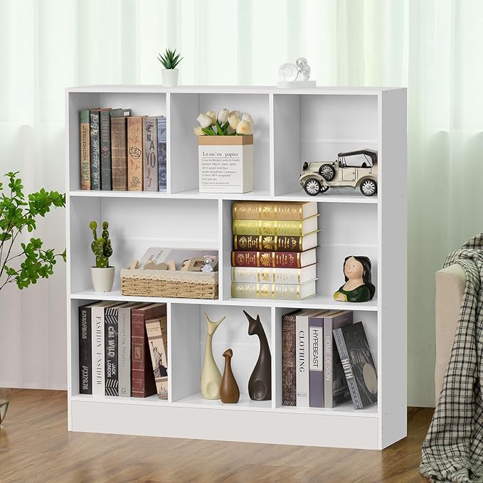 YAHARBO White 3 Tier Bookshelf,Wide Modern Horizontal Bookcase,Wood Low Book Shelf,Wide Display Storage Cabinet with Base,Floor Standing 8 Cube Large Bookcases Organizer for Bedroom,Living Room,Office