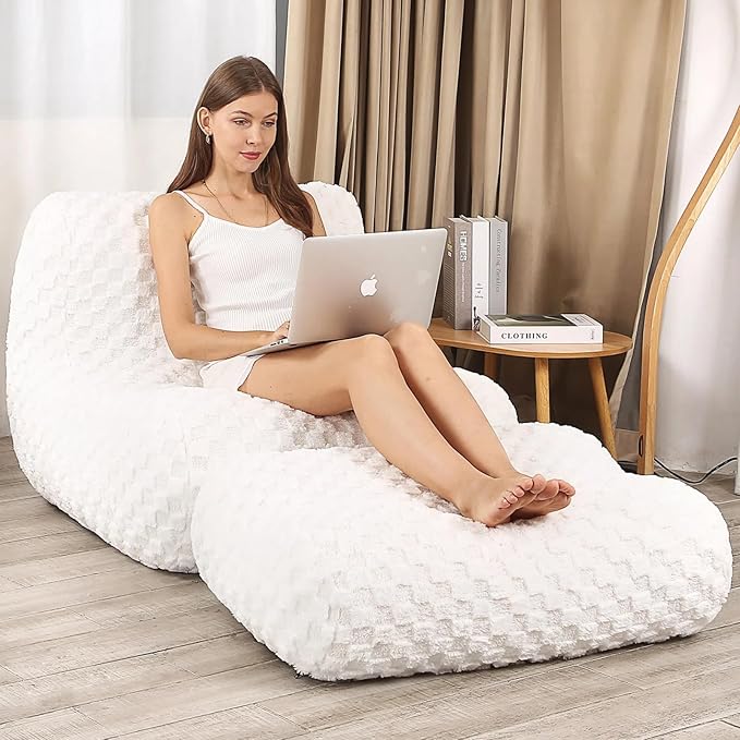 Bean Bag Chair with Footstool, Comfy Reading Sofa Chair for Adults, Modern Floor Sofa for Livingroom, Bedroom, Cream