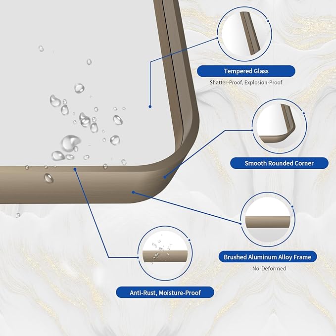 WEER 72x36 Inch Bronze Bathroom Mirror for Vanity, Brushed Bronze Metal Frame Mirror for Wall, Rounded Rectangle Bronze Frame Mirror with Tempered Glass, Anti-Rust (Horizontal/Vertical)