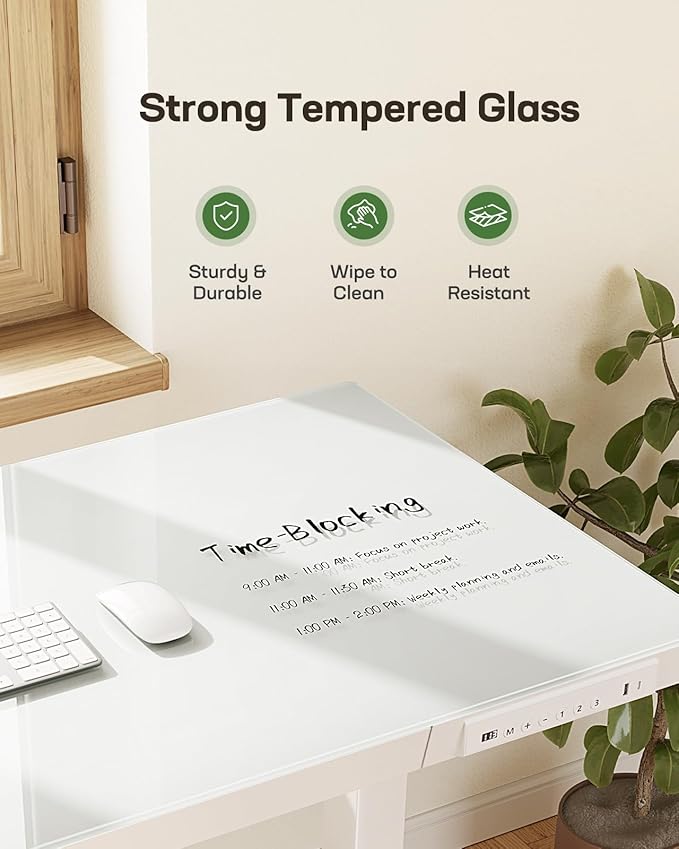 Marsail Glass Standing Desk with Drawer, 48 x 24 inch Electric Standing Desk, Height Adjustable Desk with One-Piece Tabletop & USB Charging Ports, Sit Stand Desk with Storage for Home & Office White