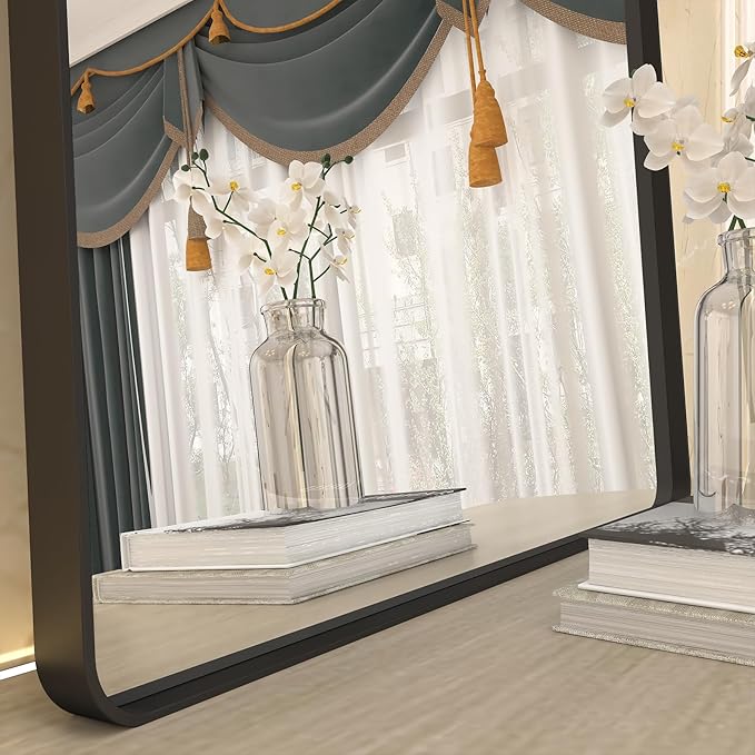 CHAMROR 20x30 Inch Black Metal Framed Bathrrom Mirror for Wall, Black Rounded Rectangle Mirror, Matte Black Bathroom Vanity Mirror, Anti-Rust, Tempered Glass, Hangs Horizontally or Vertically