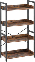 Rolanstar Bookshelf 4 Tier with 4 Hooks, Industrial Bookcase, Vintage Storage Rack with Open Shelves, Rustic Standing Bookshelves Metal Frame Display Rack for Living Room, Bedroom, Rustic Brown