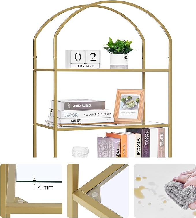 Homhedy Bookshelf Arched Display Racks,Metal Bookcase,Tempered Glass Shelves,Storage Rack Shelf for Home Office,Living Room,Bedroom, Bathroom,Modern Style (Golden, 11.8" D x 23.6" W x 62.2" H)