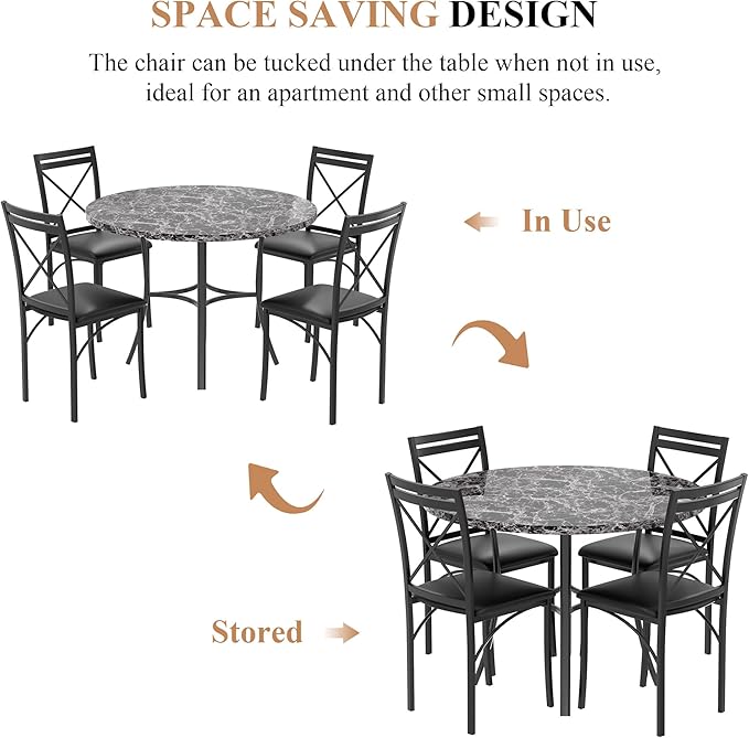 VECELO 5 Piece Dining Table Set for 4, Faux Marble Dinette with Chairs for Kitchen, Breakfast Nook, Small Space, Black