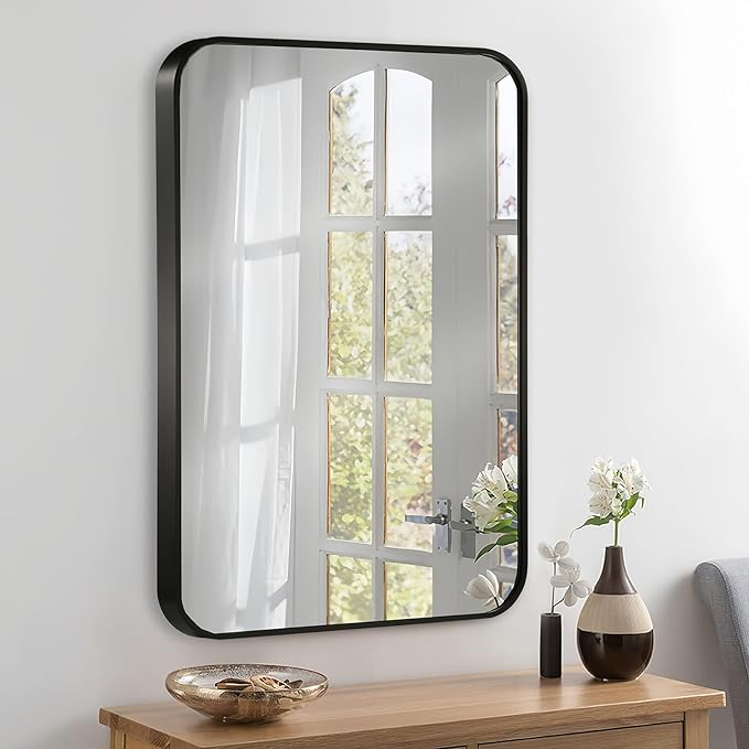 24x36 Inch Black Wall Mirror for Bathroom, Brushed Metal Framed Mirror with Rounded Corner, Rectangle Bathroom Vanity Mirror for Bedroom or Living Room, Horizontal/Vertical