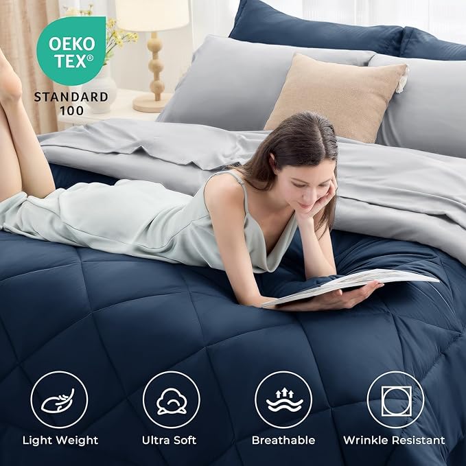HEVUMYI Full Comforter Set - 7-Piece All Season Bed in a Bag Full, Ultra Soft Bedding Set with Comforter, Flat Sheet, Fitted Sheet, Pillowcases, Pillow Shams, Navy Blue & Light Grey