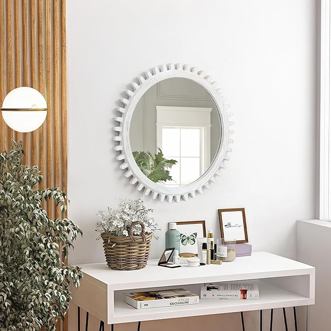 ULIKE Round Wood Mirror, 30 Inch Rustic Farmhouse Circle Mirror with Wooden Frame, Mordern Wall Decor for Bathroom Nursery Bedroom Living Room Entryway, White
