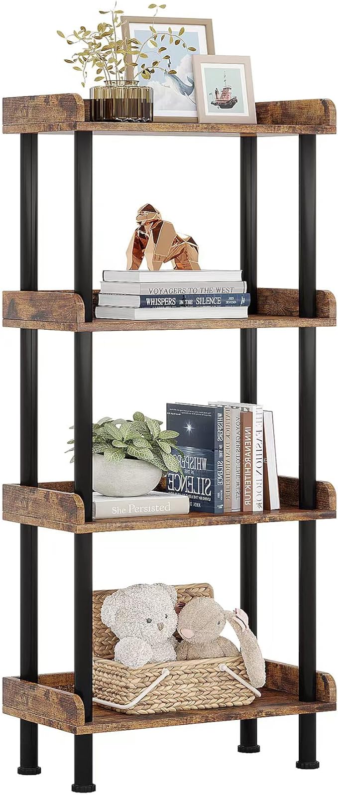 Hosfais Bookcase 4 Tier Bookshelf, Vintage Small Bookshelf for Spaces, Wooden Book Shelf for Living Room Bedroom