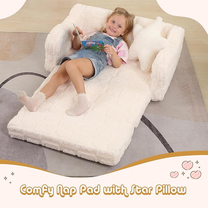 Extra Wider Seating Toddler Couch, 2-in-1 Toddler Soft Couch Fold Out with Star Pillow, Convertible Sofa to Lounger for Girls and Boys, Cream Heart
