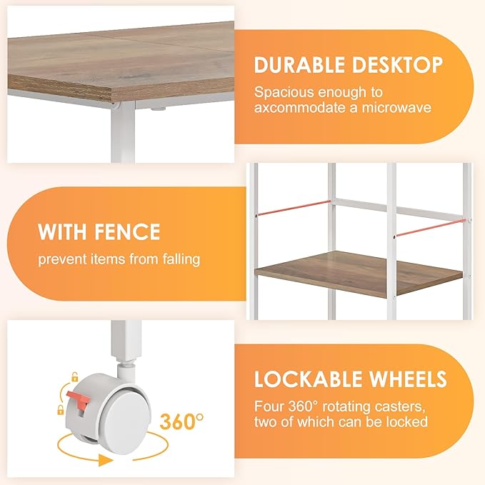 Microwave Cart with Storage, 3-Tier Rolling Kitchen Stand with Basket, Wood and Metal Utility Cart on Wheels, Coffee Bar Station, Small Baker’s Rack As Kitchen Island, Microwave Shelf Organizer, White