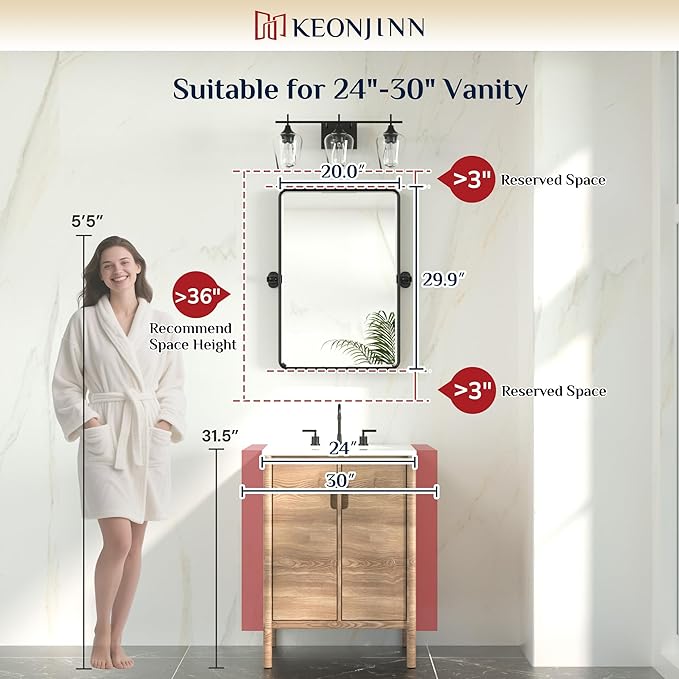 Keonjinn Brushed Nickel Pivot Mirror Bathroom, 20x30 in Tilt Mirror Bathrooms for Over Sink, Rounded Corner Modern Pivot Rectangle Mirrors, Metal Framed Beveled Bathroom Mirrors (Horizontal/Vertical)