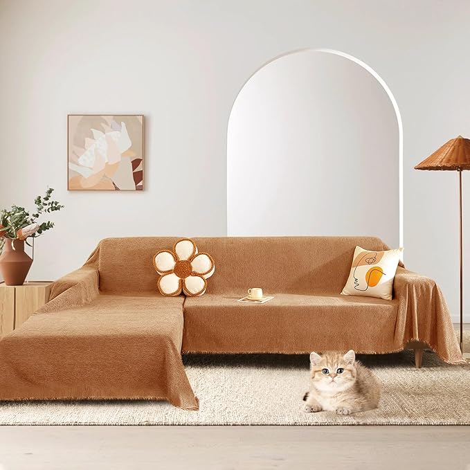 STACYPIK Dark Orange Sofa Cover for Dog Soft Chenille Couch Cover Boho Furniture Protector for 3 Cushion Couch Lovetseat Futon Cover Pumpkin Couch Cover Pet-Friendly Multi-Use Sofa Slipcover-91X118IN