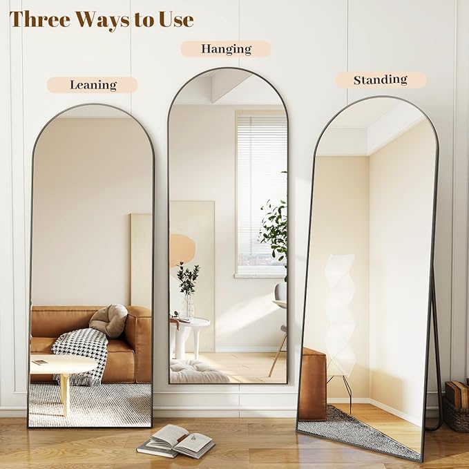 Koonmi 34"x76" Arched Full Length Mirror, Black Large Floor Mirror with Aluminum Alloy Frame Standing Hanging or Leaning Wall-Mounted Mirror, Vanity Mirror for Living Room and Bedroom
