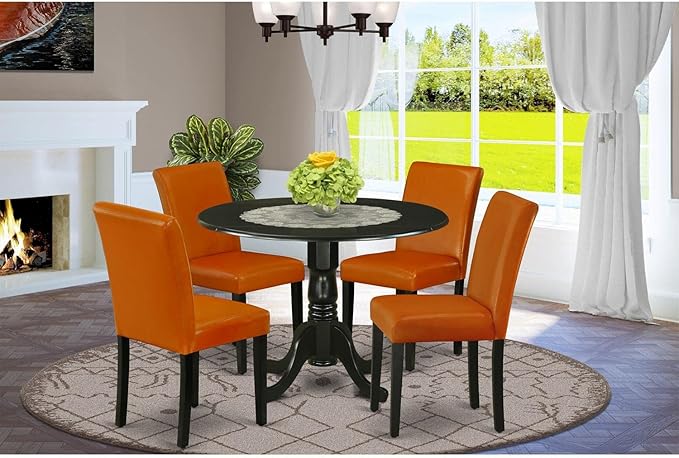 East West Furniture DLAB5-BLK-61 5 Piece Kitchen Table Set for 4 Includes a Round Dining Room Table with Dropleaf and 4 Baked Bean Faux Leather Parson Dining Chairs, 42x42 Inch, Black