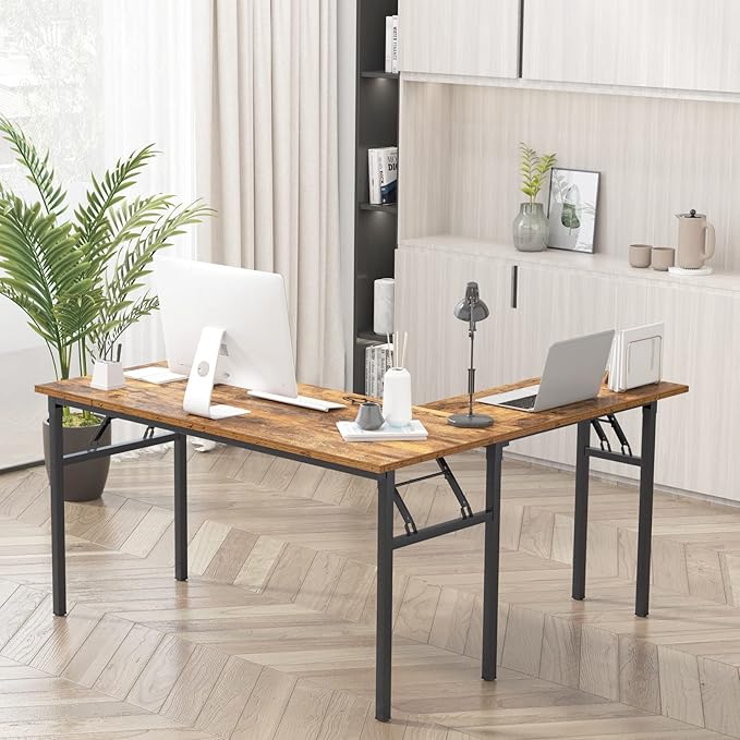 DlandHome Reversible L-Shaped Desk Large Corner Desk Folding Table Computer Desk Home Office Table Computer Workstation,Retro-N