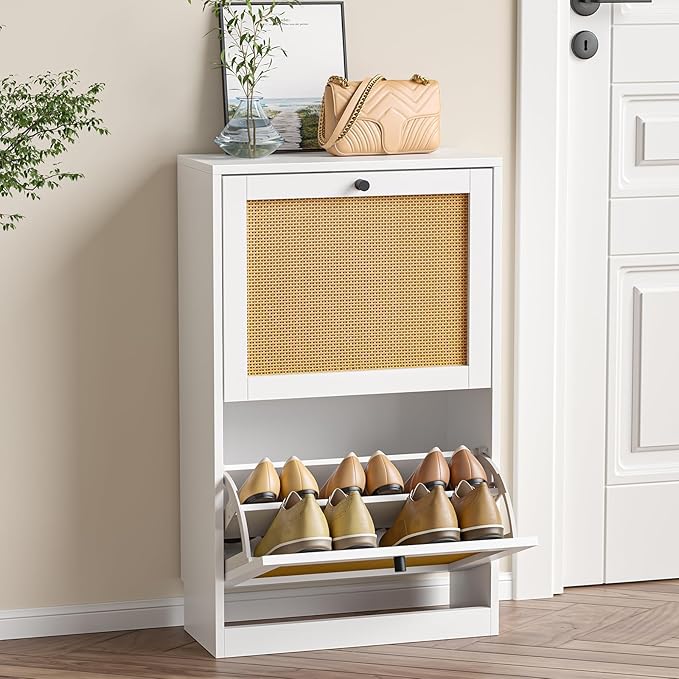 Shoe Storage Cabinet for Entryway with 2 Flip Drawers, Narrow Wood Shoe Cabinet with Rattan Panel, Freestanding Hidden Shoe Organizer for Foyer, Hallway, Small Space (White)