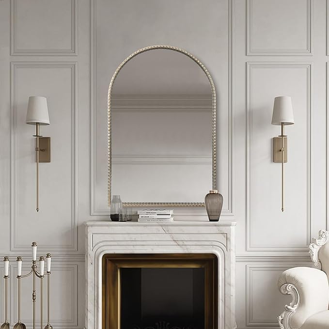 24"x36" Antique Silver Arch Mirror - Retro Distressed Geared Metal Frame Farmhouse Wall Mirror for Bathroom, Living Room, Entryway Hall